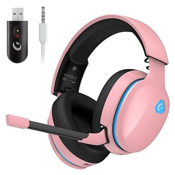Gtheos 2.4GHz Wireless Gaming Headset for PS5, PS4 Fortnite & Call of Duty/FPS Gamers, PC, Nintendo Switch, Bluetooth 5.3 Gaming Headphones with Microphone for Mobile, Stereo Sound (Pink Purple)