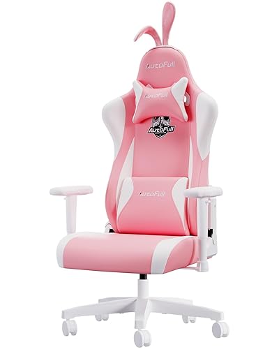 AutoFull C2 Pink Bunny Gaming-Stuhl, niedlicher Kawaii-Gamer-Stuhl für Mädchen, ergonomischer Computer-Gaming-Stuhl mit Lendenwirbelstütze, PU-Leder, hohe Rückenlehne, Renn-Gaming-Stühle