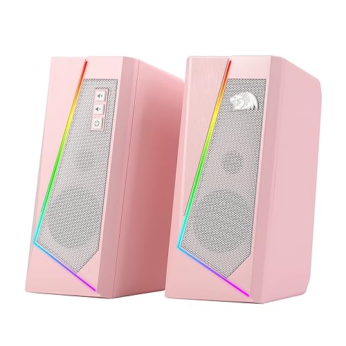 Redragon GS520 RGB Desktop-Speakers, 2.0-Kanal PC-Stereo-Lautsprecher mit 6 bunten LED-Modi, verbessertem Klang und leicht zugänglicher Lautstärkeregelung, USB-Anschluss mit 3,5-mm-Kabel, rosa - Rosa