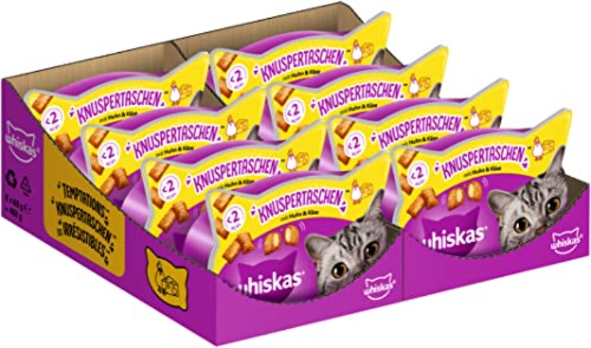 Whiskas Knuspertaschen Katzensnack mit Huhn- und Käsegeschmack, 8x60g (8 Packungen) - unterschiedliche Produktverpackungen erhältlich - Knuspertaschen - Huhn und Käse - 8x60g