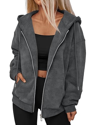 Trendy Queen Zip Up Hoodies for Women Acid Wash Oversized Sweatshirts Fall Cute Y2k Clothes Winter Jackets Vintage Streetwear - Grey - Medium