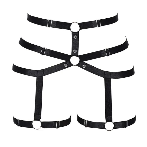 Women body harness Garter belt Leg strap Lingerie cage Soft Elasticity Carnival Punk Gothic Adjustable (Black+Silver) - 
