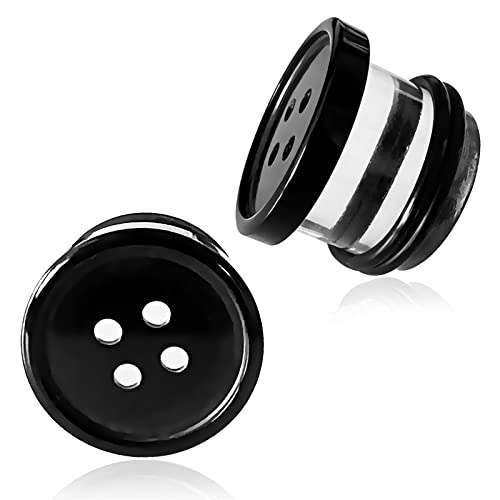 AntDear 2Pcs Acrylic Plug Gauges for Ears Women Men Black White Button Plug Earrings, Single Flared Saddle Stretching Gauge Tunnels Expanders, Four Hole Button Piercing Plugs with Rubber O-Rings 8G to 1 Inch - 2Pcs(Black) - 06mm (2G)
