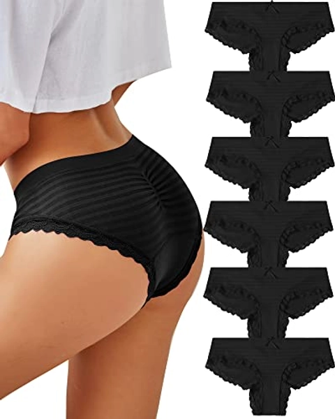 CUTE BYTE Cheeky Underwear for Women Sexy Underwear Bikini Panties Stretch Lace Seamless Hipster Panty 6 Pack - Medium - Black