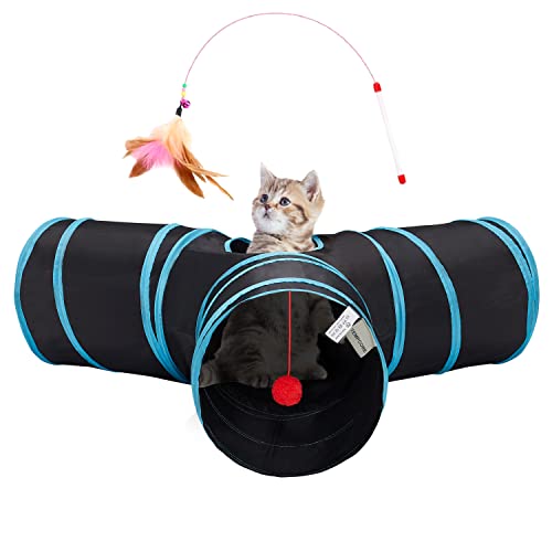 Tempcore Pet Cat Tunnel Tube Toys 3 Way Collapsible, Tunnels for Indoor Cats，Kitty Bored Peek Hole Toy Ball Cat, Puppy, Kitty, Kitten, Rabbit - 3-Way - 3-Way Blue
