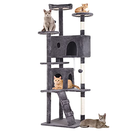 BestPet 70in Cat Tree Tower for Indoor,Multi-Level Cat Furniture Activity Center with Scratching Posts Stand House Cat Condo with Funny Toys for Kittens Pet Play House,Light Gray - 70in - Light Gray