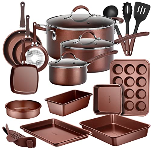 NutriChef 20-Pc. Nonstick Kitchen PTFE/PFOA/PFOS-Free Heat Resistant Silicone Handles Cookware Bakeware Set w/Saucepan, Frying Pans, Cooking, Oven Pot, Lids, Utensil, Brown-NCCW20SBR, Brown - Brown