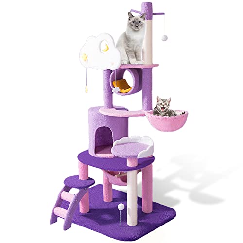Calmbee Cat Tree Cat Tower Cat Scratching Post, Purple Cute Cat Tree for Indoor Cats, Natural Sisal Cat Climbing Activity Trees with Hammock & Stairs for Cats Kittens Pets Small Cat (Style 5) - Style 5