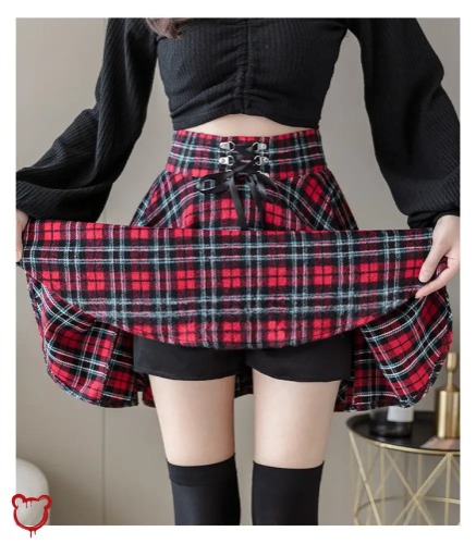 Lace-Up Plaid Skirt—Runaway Style - Red / XL