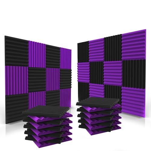 52 Pack Acoustic Panels 1 X 12 X 12 Inches - Acoustic Foam - Studio Foam Wedges - High Density Panels - Soundproof Wedges - Black/Purple - 52 Black/Purple