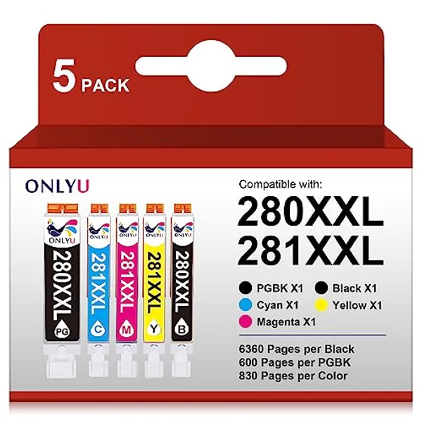 ONLYU 280XXL 281XXL Compatible for Canon Ink 280 and 281 Cartridges PGI-280XXL CLI-281XXL for Canon TR8520 Ink Cartridges for Pixma TR8620 TR8620a TS6320 TR7520 TS6120 TS6220 TS8220 TS9520 (5 Packs)