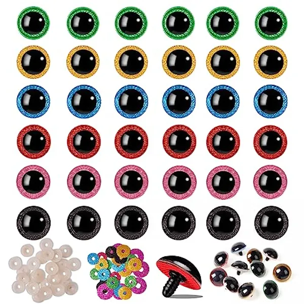 Nelytiya Large Safety Eyes 60pcs Plastic Safety Eyes,24mm Glitter Craft Doll Eyes with Washers for Plush Animal Crochet Bear Toys Crafts Making Stuffed Animal Eyes for Crochet Doll Making Supplies