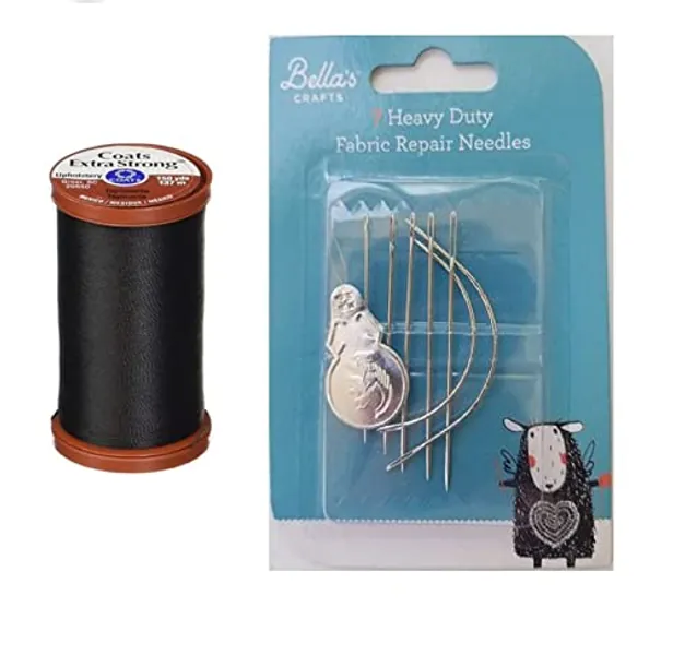 Coats & Clark Extra Strong Upholstery Thread, 150 Yds, S964, Black Bundle with Bella's Crafts Assorted Heavy Duty Hand Needles 7 Ct