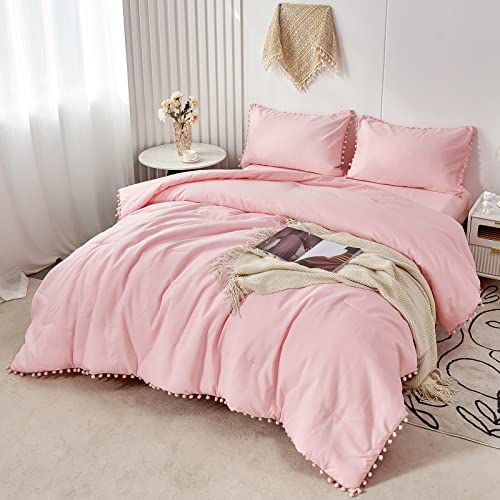 PERFEMET Pink Pom Comforter Set Queen Size(90x90inch), 5 Pcs Boho Aesthetic Farmhouse Bedding Set with Sheets Soft Microfiber Down Alternative Comforter Bed in a Bag for Girls Women(Pink, Queen) - Queen(5 Pcs) - Pink