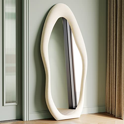 Honyee Full Length Mirror, 63" x 24" Wall Mirror, Flannel Wrapped Wooden Frame Full Body Mirror, Irregular Wavy Mirror Hanging or Leaning Against Wall for Cloakroom/Bedroom/Living Room, White - 63" x 24" Footprint - White