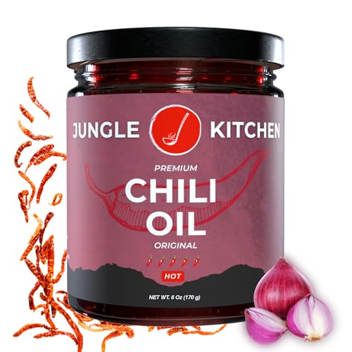 Jungle Kitchen Spicy Chili Oil Vegan & Gluten-Free - Spicy Chili Crisp- Crunchy Garlic Chilli Oil Spicy Great Sauce & Toppings for Meats, Stir Fry, Vegetables - 6oz - Spicy - 6 Ounce (Pack of 1)