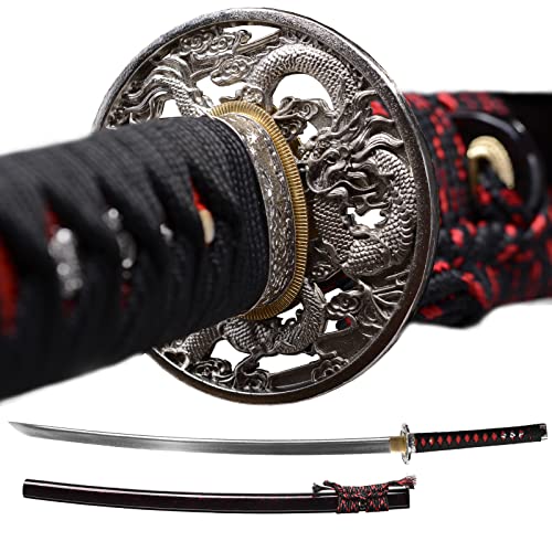 YONG XIN SWORD-Samurai Katana Sword, Japanese Handmade, Practical, Damascus/1060/1095 Carbon Steel, Tempered/Clay Tempered, Full Tang, Sharp, Scabbard - Silver red