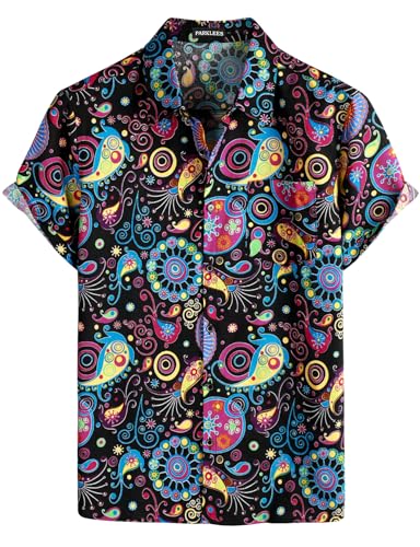 PARKLEES Men's Cotton Linen Vintage Pattern Printed Old Style Shirt Casual Short Sleeve Button Down Retro Shirts - Multicolor - X-Large