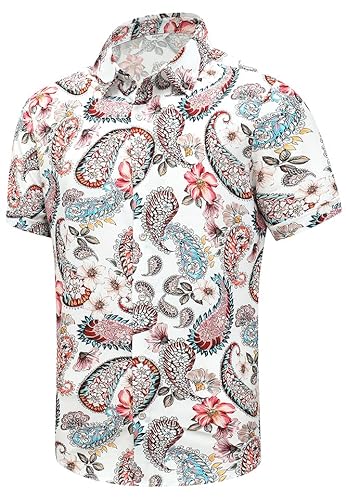 SheLucki Hawaiian Shirt for Men, Unisex Summer Beach Casual Short Sleeve Button Down Shirts, Printed Palmshadow Clothing - Paisley White - X-Large