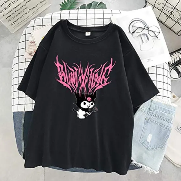 Harajuku Cartoon Cute Funny Print Short Sleeve Kuromi Hoodie Top Autumn Street Wear O-Neck Sweet Girl Hoodie (Color : Black Pink, Size : XXL)