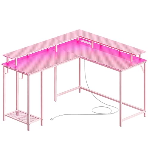 SUPERJARE Desk L Shaped Gaming Desk with LED Lights & Power Outlets, Computer Desk with Monitor Stand, Home Office Desk Corner Desk with Headphone Hooks, Carbon Fiber Pink - Pink - 53 inch