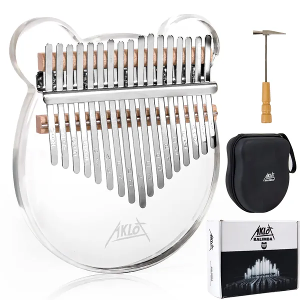 AKLOT Kalimba 17 llaves Transparente Acrílico Panda Piano de pulgar Nota Piano de dedo de inicio tallado con estuche Kalimba Tune Hammer Study Booklet Stickers