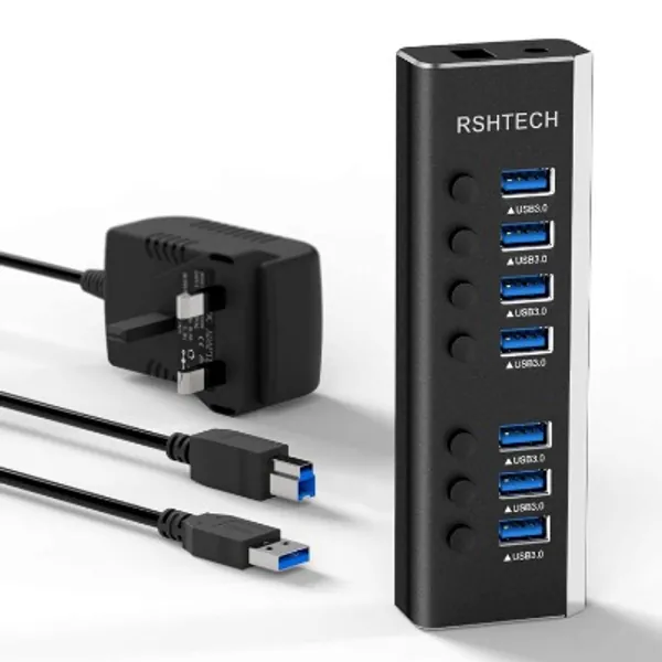 USB 3.0 Hub Powered RSHTECH 24W 7 Port USB 3 Data Hub Aluminum Portable USB Splitter with Individual On/Off Switches and 12V/2A Power Adapter (RSH-A37S)
