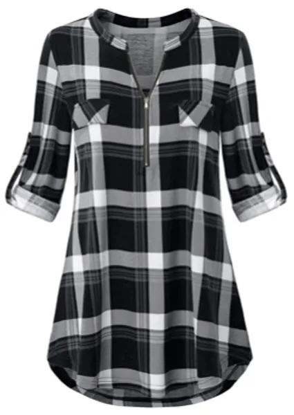 Odosalii Womens Zip Up Plaid Tunic Blouse Rolled Up Sleeve Polo Top Check Shirts