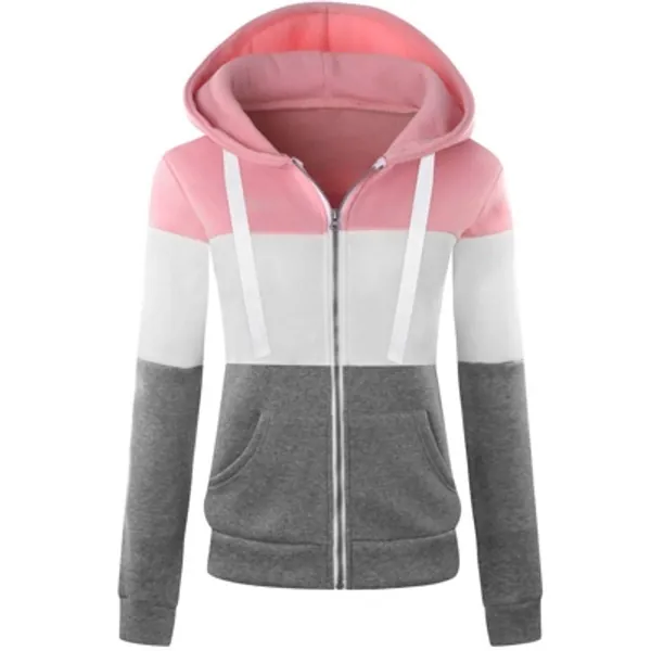 Newbestyle Hoodies for Women Color Block Hooded Sweatshirt Basic Zip-Up Jersey Jacket Long Sleeve Slim Fit Top