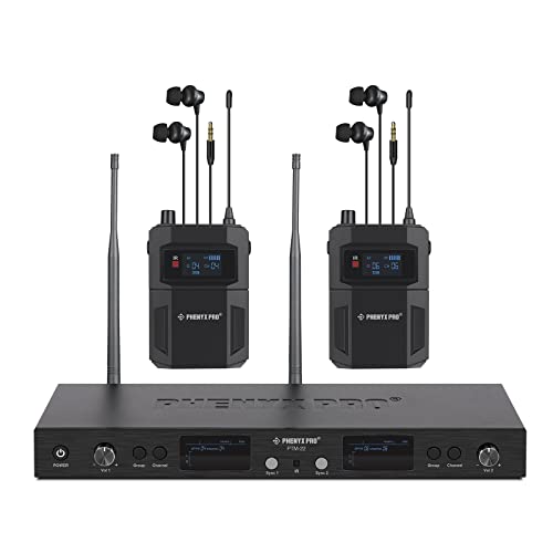 Phenyx Pro UHF Mono Dual Wireless in-Ear Monitor System, Metal Wireless IEM System, Sturdy Bodypack Receiver, 2x50 Frequencies, Separate Outputs,164ft Operation, Suitable for Band and Studio (PTM-22) - 2 receiver+1 transmitter