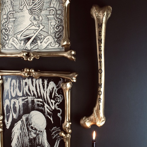 Memento Mori - Engraved Femur Bone | Gold Bone Black Text / Femoral Head Down