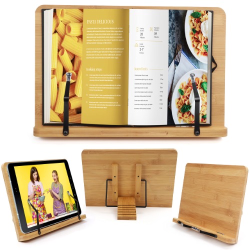 Kurtzy Atril para Libros de Cocina de Bambú Soporte Libros Ajustable Libros de Cocina 33,5 x 24 cm – Atril Plegable – Puede Contener Libros Grandes y Pequeños, Música, iPads y Tabletas