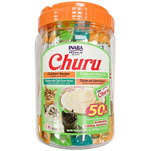 INABA Churu Cat Treats, Grain-Free, Lickable, Squeezable Creamy Purée Cat Treat/Topper with Vitamin E & Taurine, Each 0.5 Ounce (Pack of 50), 50 Tubes, Chicken & Seafood Variety - Chicken & Seafood Variety