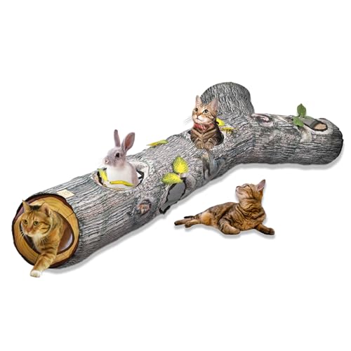 VERABE Cat Tunnel for Indoor Cats, Tree Trunk 3 Ways Collapsible Cat Tubes, 5 Holes Cat Toys Interactive Tunnels for Puppy, Kitten, Ferret, Guinea Pig, Chinchilla