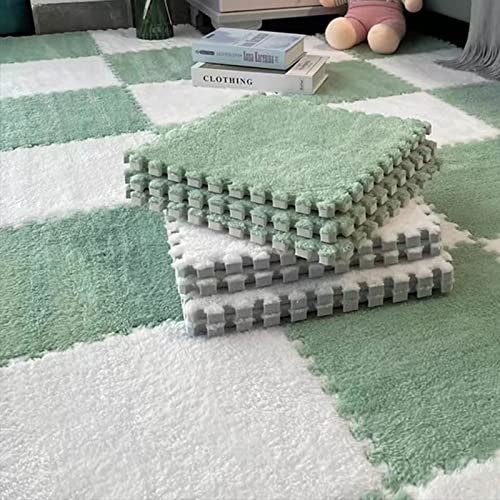 Typutomi 10pcs Plush Puzzle Foam Floor Mat, Soft Fluffy Interlocking Square Foam Tiles Area Rugs Carpet for Parlor Bedroom Decoration(11.8x11.8in, Green&White) - Green&white