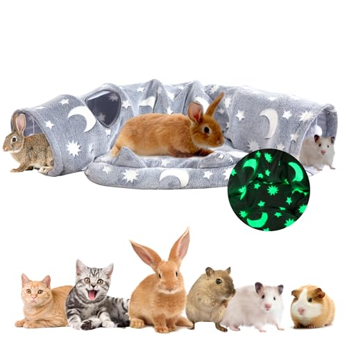 HOMBYS Bunny Tunnel Bed, 2-in-1 Collapsible Tunnel Tubes, Glow in The Dark Cat Tunnel Bed with Removable Mat and Pluah Balls, Hideout for Kittens Rabbits Guinea Pigs Kitty(48"x9"x9", Grey) - 48"x9"x9" - Grey