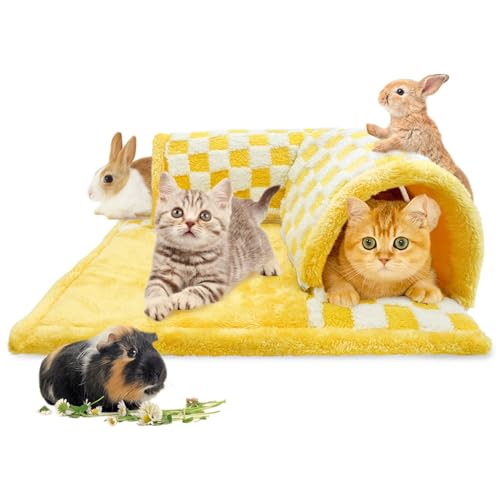 kathson Cat Tunnel Bed, 2-in-1 Cat Bed Play Tunnel and Mat, Peekaboo Cat Cave Checkered Winter Plush Cat Tunnel & Foldable Cat Play Mat for Small Animals Pets, Kittens, Ferrets, Bunny Rabbits (Yellow)