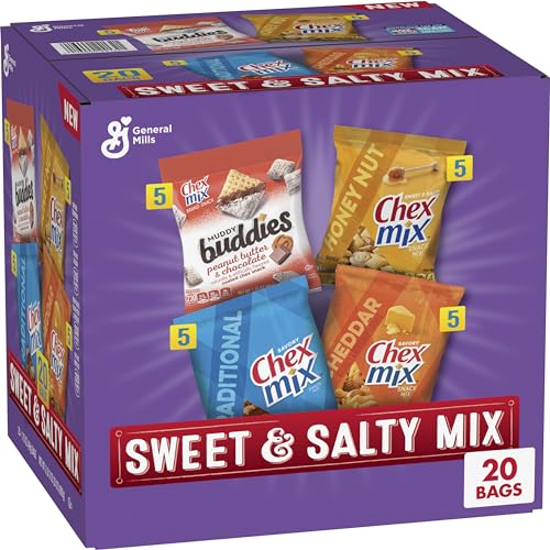 Sweet & Salty Snack Variety Pack, Muddy Buddies Peanut Butter & Chocolate, Chex Mix Traditional, Cheddar & Honey Nut, 35 oz (20 Bags)