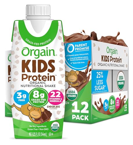Orgain Organic Kids Nutritional Protein Shake, Chocolate - Kids Snacks with 8g Dairy Protein, 22 Vitamins & Minerals, Fruits & Vegetables, Gluten Free, Soy Free, Non-GMO, 8.25 Fl Oz (Pack of 12) - Chocolate - 8.25 Fl Oz (Pack of 12)