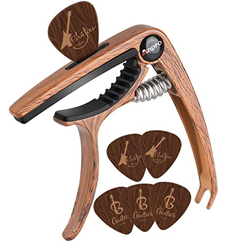 Anpro Guitar Capo with 6 Guitar Picks for Acoustic and Electric Guitar, Ukulele, Mandolin and Banjo, Wood grain - Wood grain
