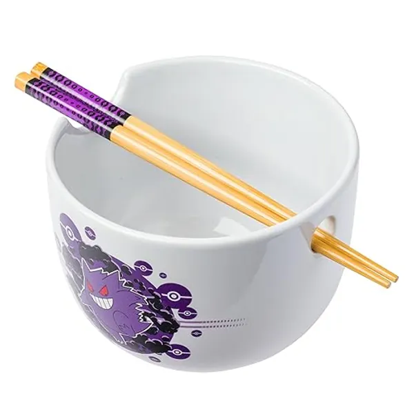Silver Buffalo Pokemon Gengar Pokeball Ceramic Ramen Noodle Rice Bowl with Chopsticks, Microwave Safe, 20 Ounces - Pokemon Gengar