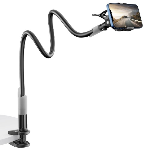 Gooseneck Bed Phone Holder, SAIJI Flexible Long Arm Phone Mount for Desk, Clip Bracket Clamp Stand for 4.0-6.5'' Mobile Cell Phone Stand Document Camera Nintendo Switch (Black) - Black