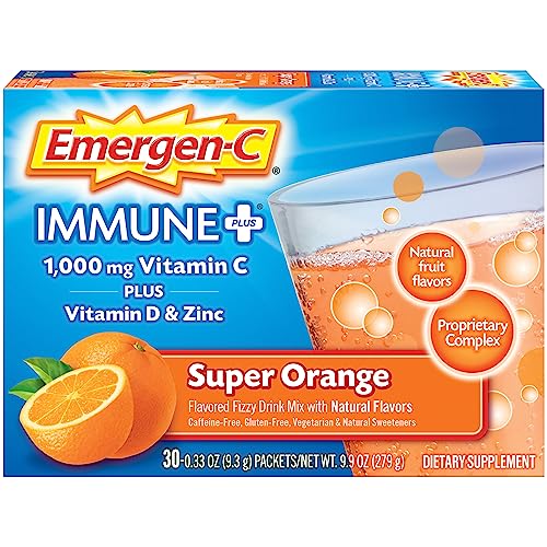 Emergen-C Immune+ 1000mg Vitamin C Powder, with Vitamin D, Zinc, Antioxidants and Electrolytes for Immunity, Immune Support Dietary Supplement, Super Orange Flavor - 30 Count/1 Month Supply - Orange - 0.33 Ounce (Pack of 30)