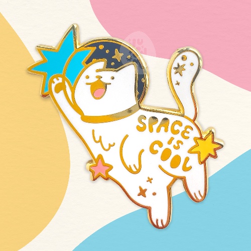 Space is Cool - White Cat Enamel Pin - A Grade