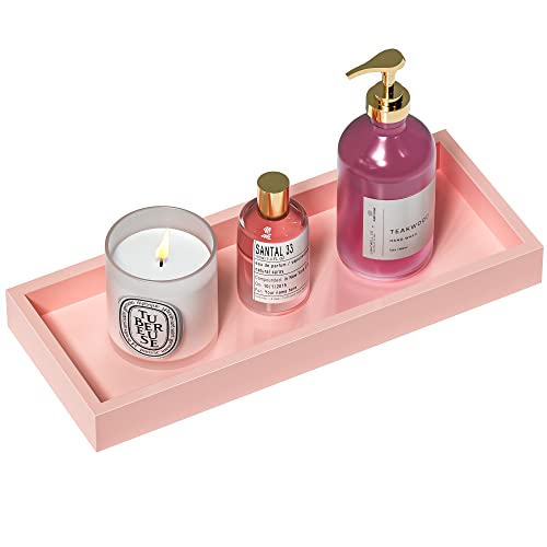 Bathroom Vanity Tray Bamboo Tray - for Counter Wood Small Bathroom Decorative Tray, Dresser Top Perfume Tray for Home Decoration 11.3” L x 4.4” W x 1.14” H （Pink） - 11.3 x 4.4 x 1.14 inch - Pink