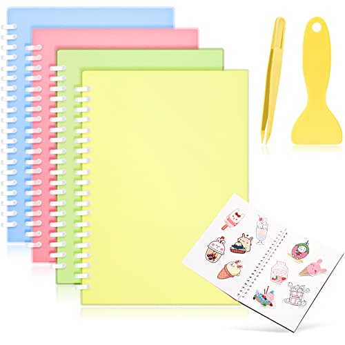 4 Pieces Sticker Collecting Book Album Reusable Sticker Book with a Plastic Spatula and Tweezer A5 Size 8.3" x 5.8" Christmas Notepads Sticker Collection Labels Accessories (Pink, Blue, Yellow, Green) - Pink, Blue, Yellow, Green