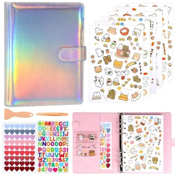 Reusable Sticker Book,A5 PU Sticker Collecting Book,Sticker Book Collecting Album, Sticker Collecting Album with Heart Sticker Label & Letter Stickers Label - White