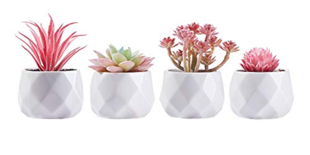 CADNLY Small Fake Desk Plant – Pink Desk Decor for Women - Artificial Succulent Plants - Faux Succulents in White Ceramic Pots – Mini Pink Succulent Decor for Bedroom Bathroom Bookshelf Office - Pink