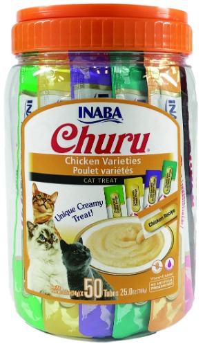 INABA Churu Cat Treats, Grain-Free, Lickable, Squeezable Creamy Purée Cat Treat/Topper with Vitamin E & Taurine, 0.5 Ounces Each Tube, 50 Tubes, Chicken Variety - Chicken