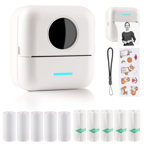 HuiJuKeJi Mini Printer, Portable Printer with Sticker and 10 Rolls of Thermal Paper and Self-Adhesive Thermal Paper Built-in 1200mAh Battery Inkless Photo Printer for Android and IOS(White)